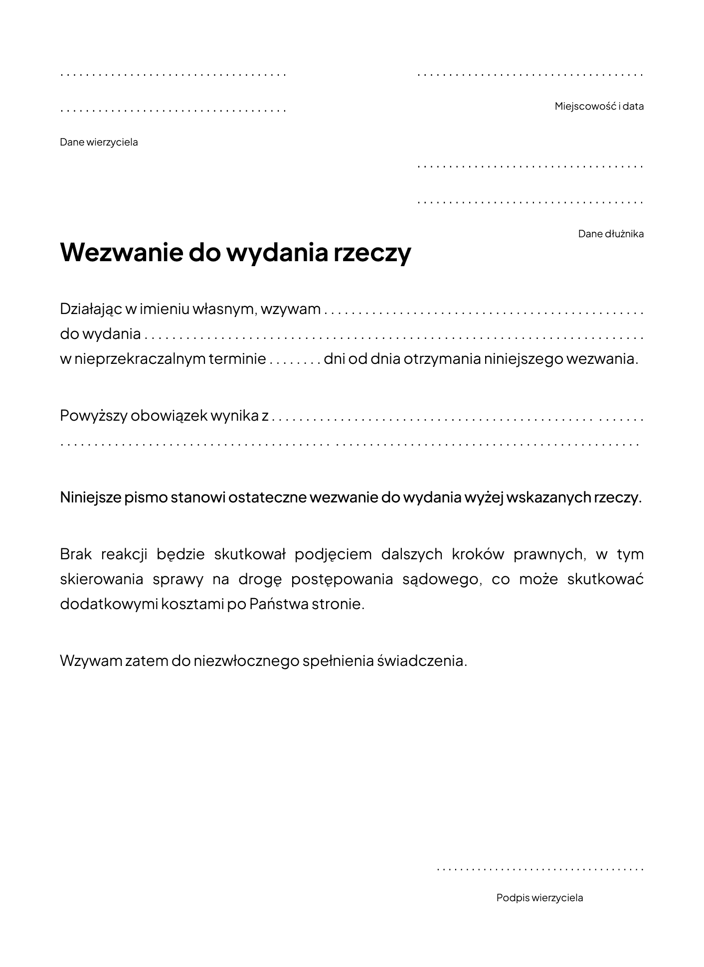 wezwanie do wydania rzeczy wzór
