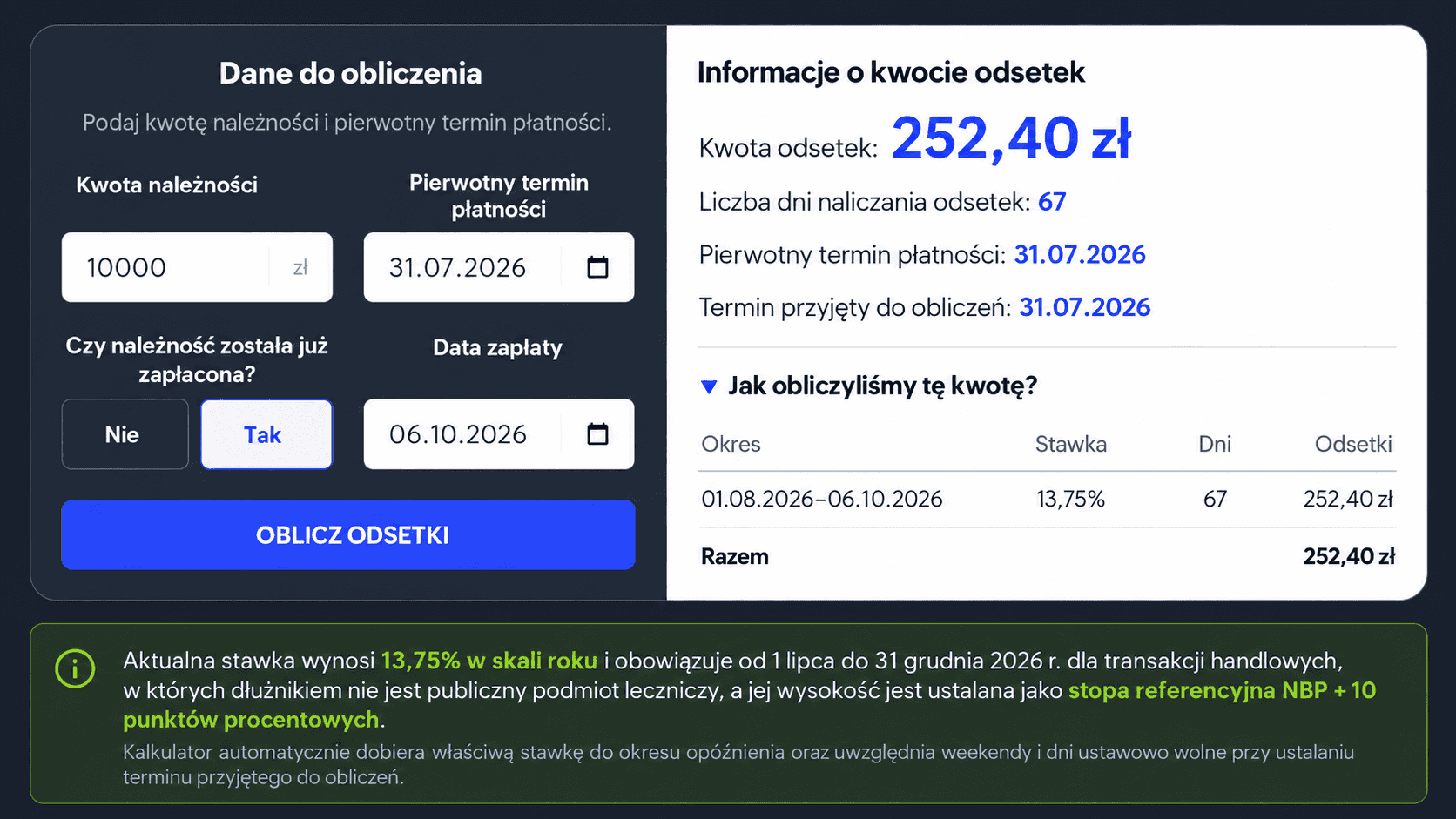 Kalkulator odsetek za opóźnienie w transakcjach handlowych