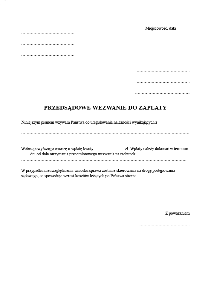wezwanie do zapłaty wzór