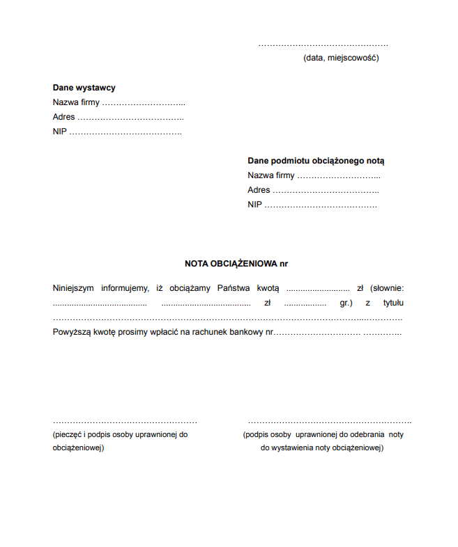 Nota obciążeniowa wzór